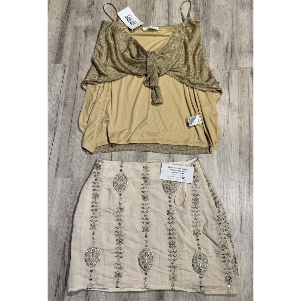 12TH TRIBE 2pc S Gold Mesh Tie-Front Top/Beige Embroidered Sequin Mini Skirt